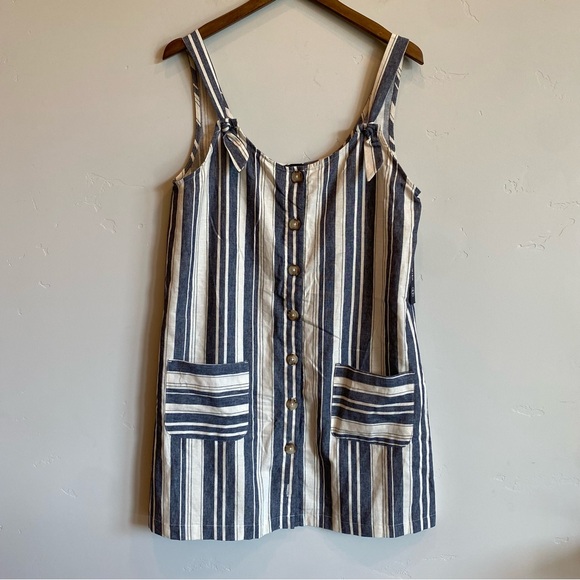 AS U WISH Chambray White Striped Linen & Cotton Blend Jumper Overall Dress - Picture 1 of 9